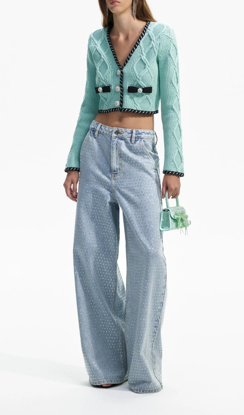 MINT CABLE KNIT CROPPED CARDIGAN