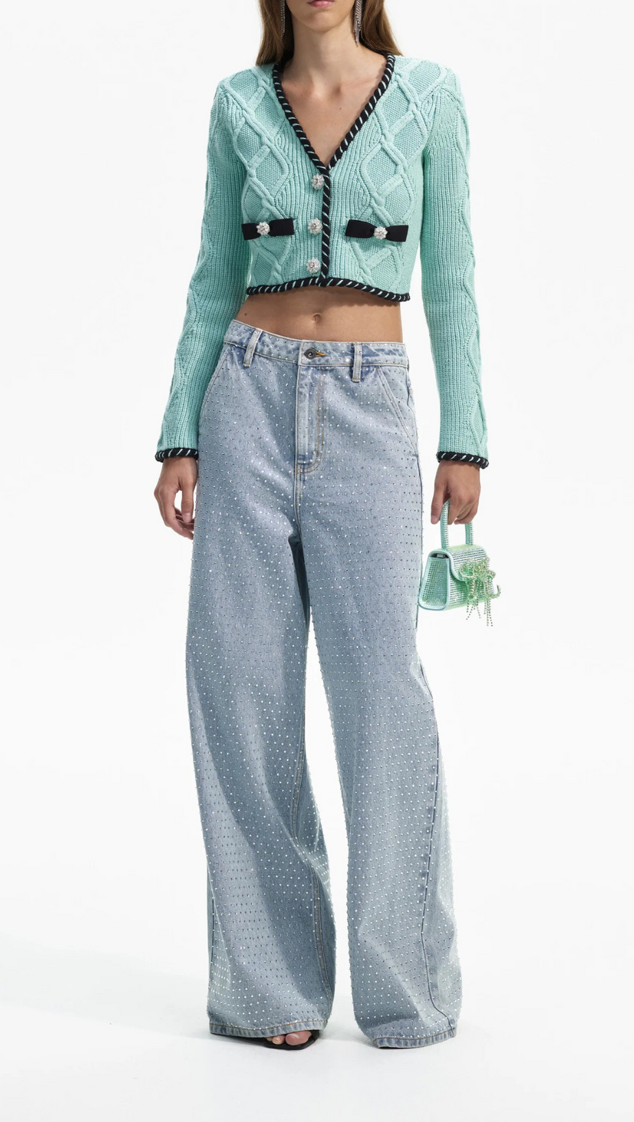 CARDIGAN CORTO IN MAGLIA A TRECCE MENTA 