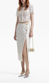 CREAM CORD LACE SPLIT MIDI SKIRT