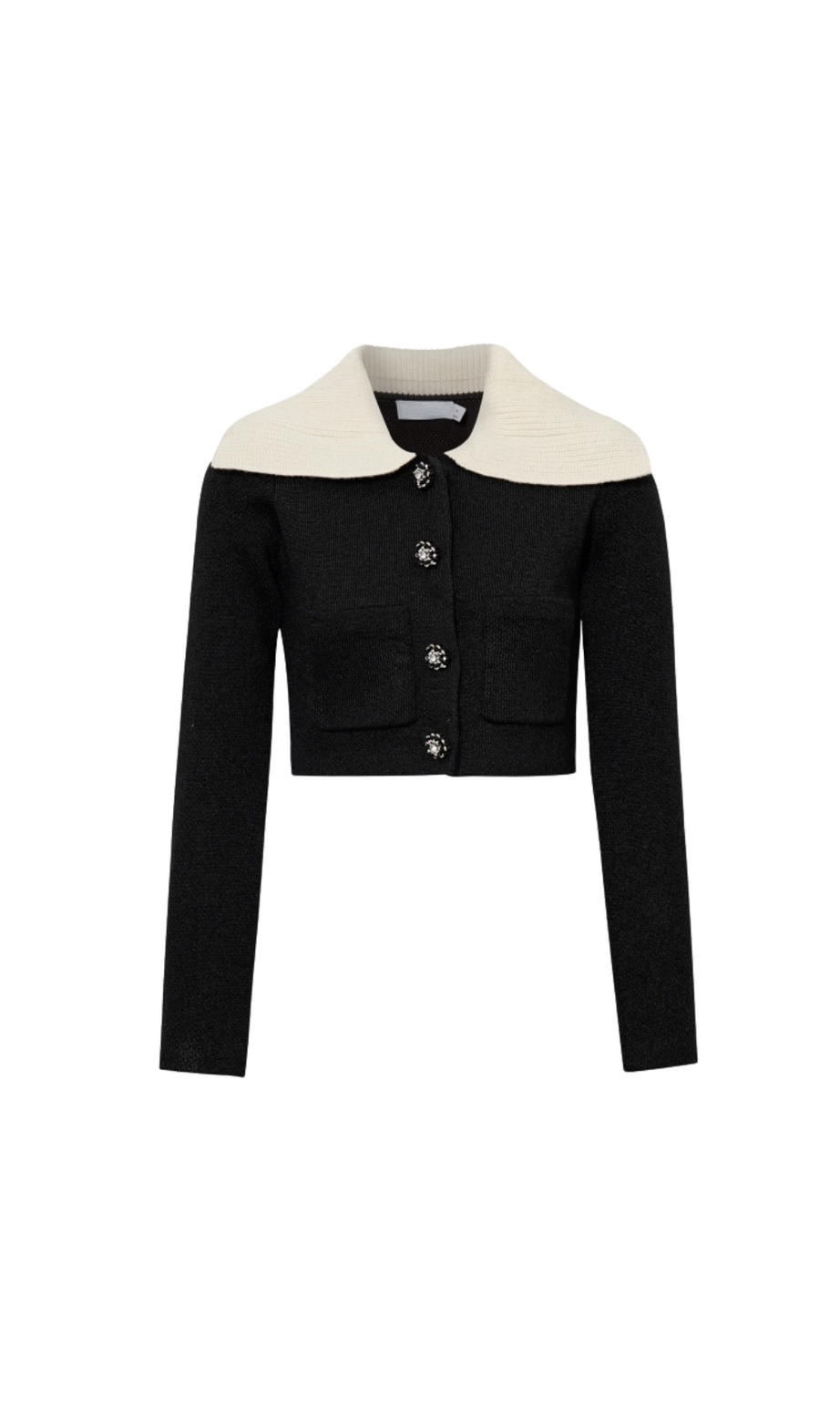 SCHWARZE STRICK-CARDIGAN MIT KONTRASTKRAGEN 