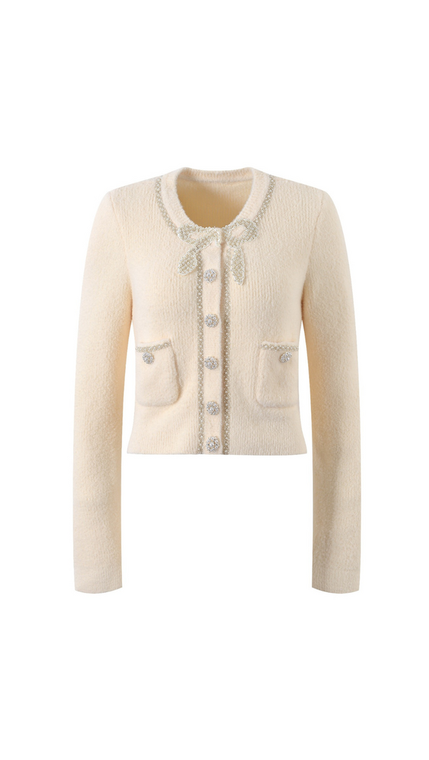 AIIZIE CREAM SOFT KNIT BOW CARDIGAN - product image