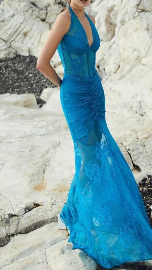 AIIZIE HALTER BUSTIER LACE MERMAID MAXI DRESS IN BLUE - product image