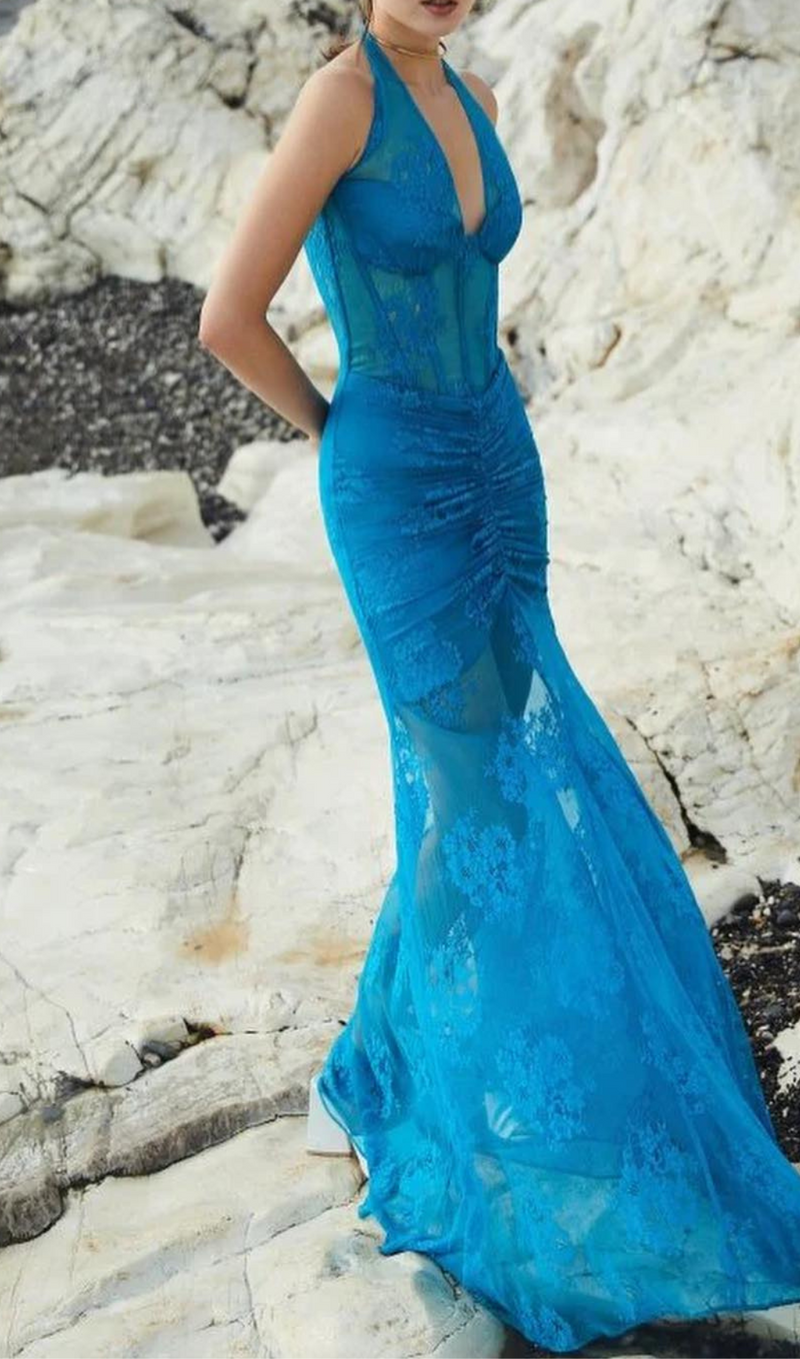 HALTER BUSTIER LACE MERMAID MAXI DRESS IN BLUE