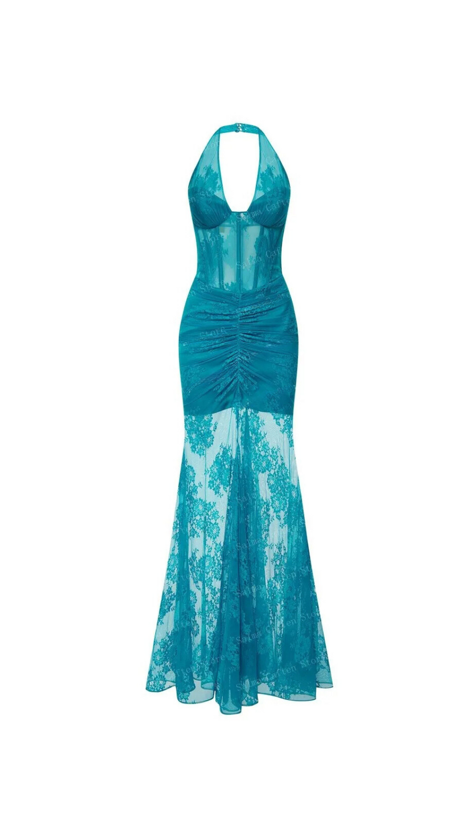 ABITO LUNGO A SIRENA IN PIZZO CON BUSTIER E SCOLLO A V BLU