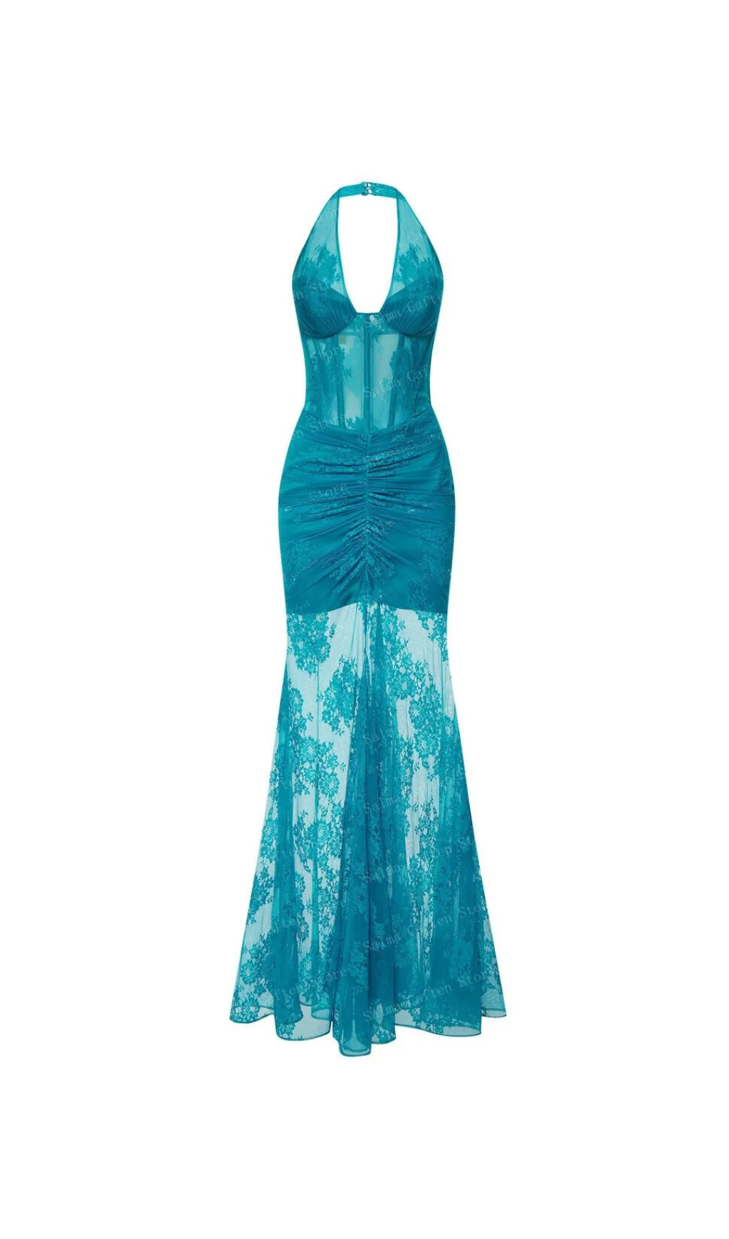 ABITO LUNGO A SIRENA IN PIZZO CON BUSTIER E SCOLLO A V BLU