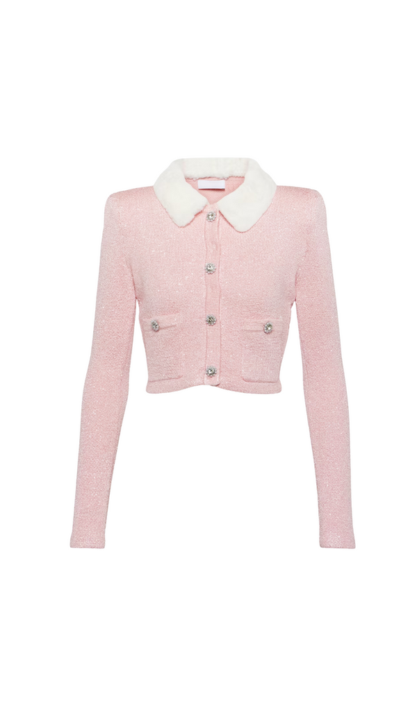 PINK FAUX FUR COLLAR CARDIGAN