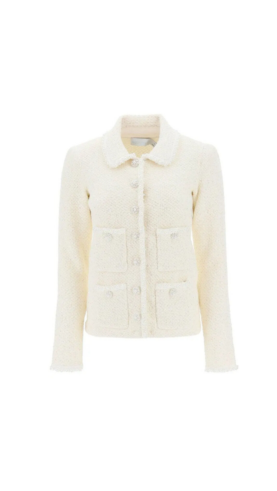 CARDIGAN IN MAGLIA CON PAILLETTES E PERLE COLOR CREMA 