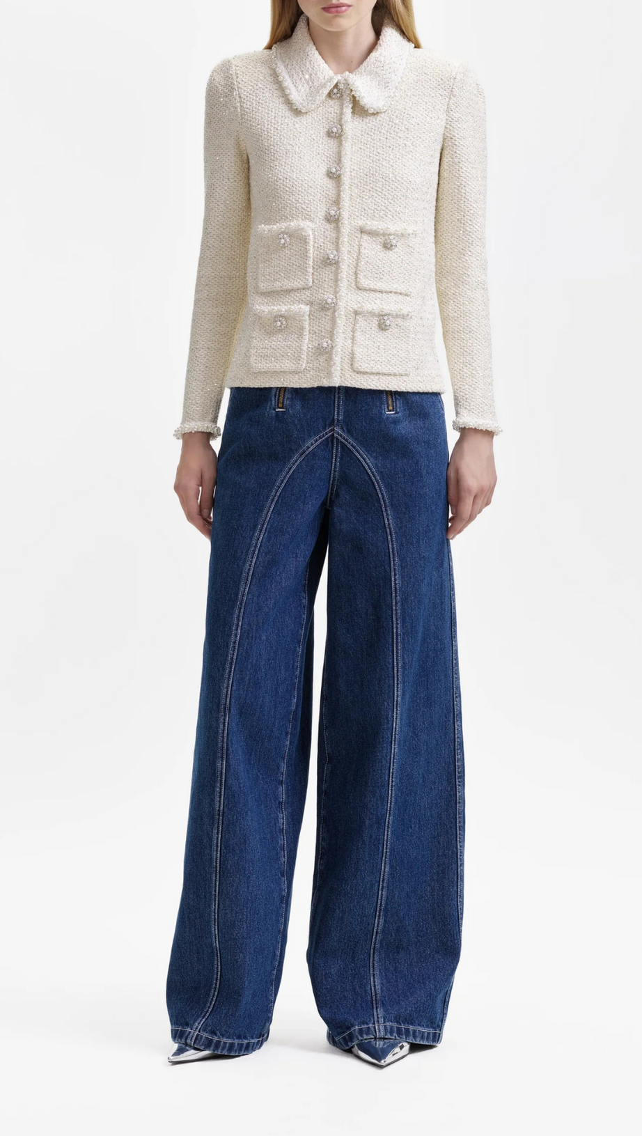 CREAM SEQUIN KNIT PEARL CARDIGAN