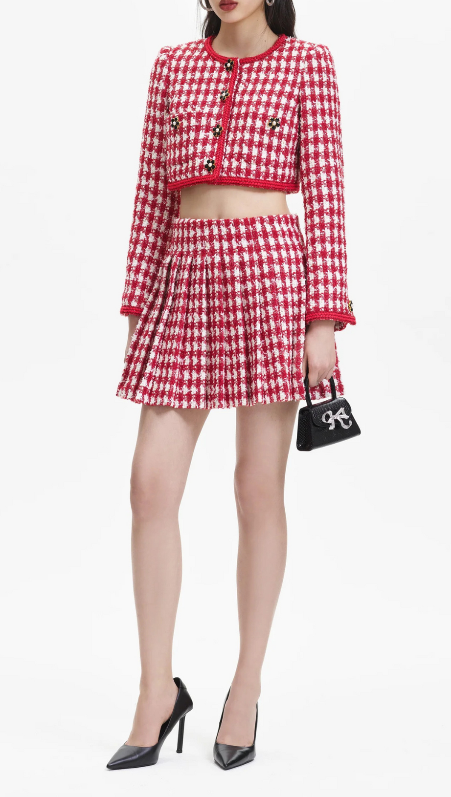 RED CHECK BOUCLE PLEATED MINI SKIRT