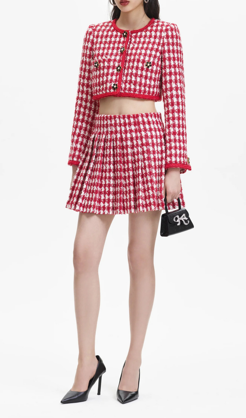 RED CHECK BOUCLE PLEATED MINI SKIRT