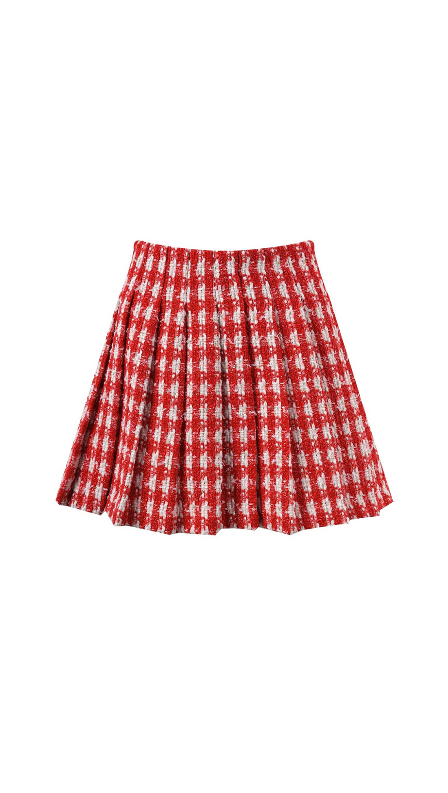 RED CHECK BOUCLE PLEATED MINI SKIRT