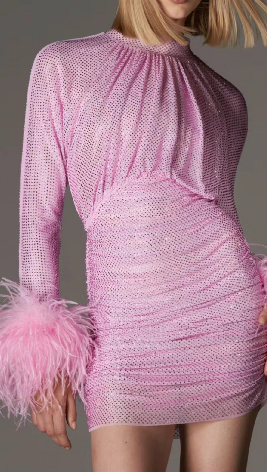 PINK RHINESTONE FEATHER MINI DRESS