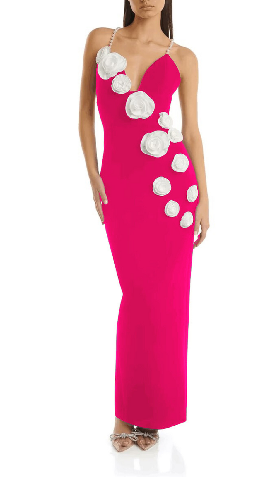 ABITO LUNGO CON SPALLINE DI PERLE E FIORI ROSA SHOCK