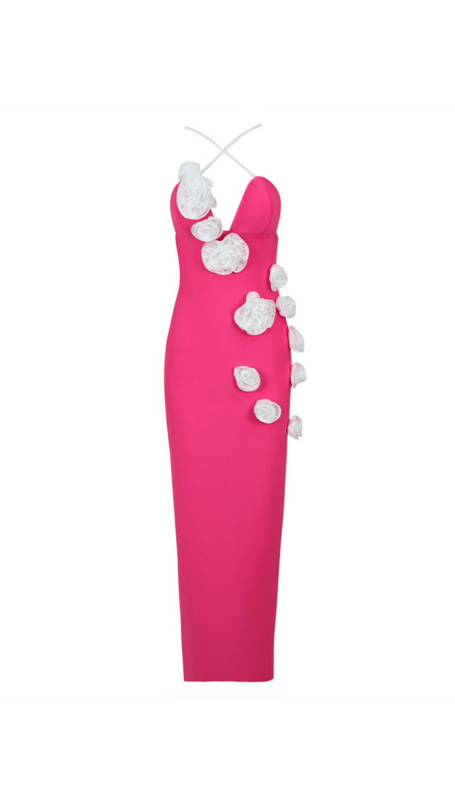 ABITO LUNGO CON SPALLINE DI PERLE E FIORI ROSA SHOCK