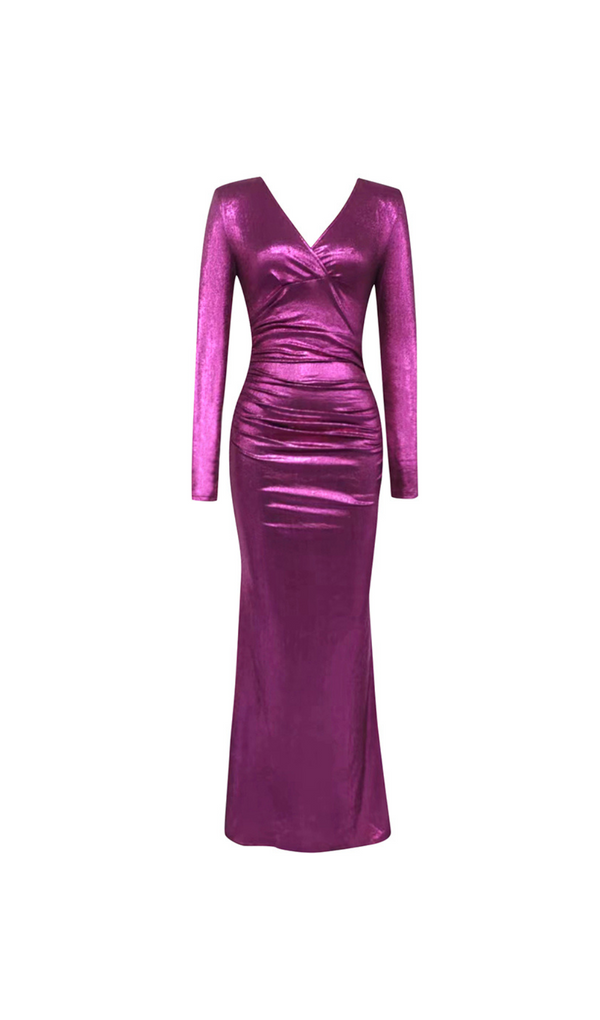 LONG SLEEVE RUCHED MAXI DRESS HOT PINK