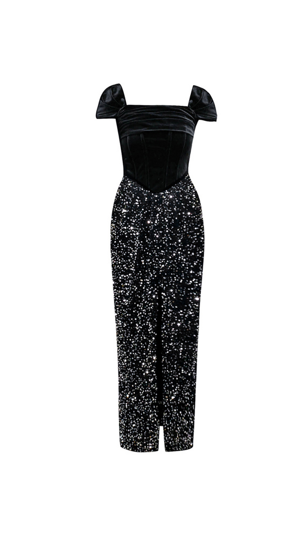 AIIZIE DRAPED VELVET SEQUIN MAXI DRESS IN BLACK - product image