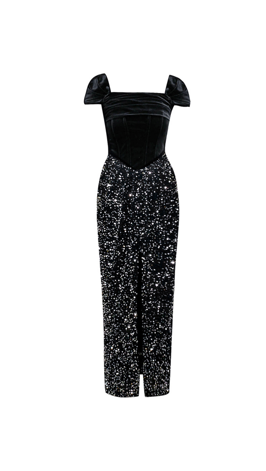ABITO LUNGO IN VELLUTO DRAPPEGGIATO CON PAILLETTES NERO