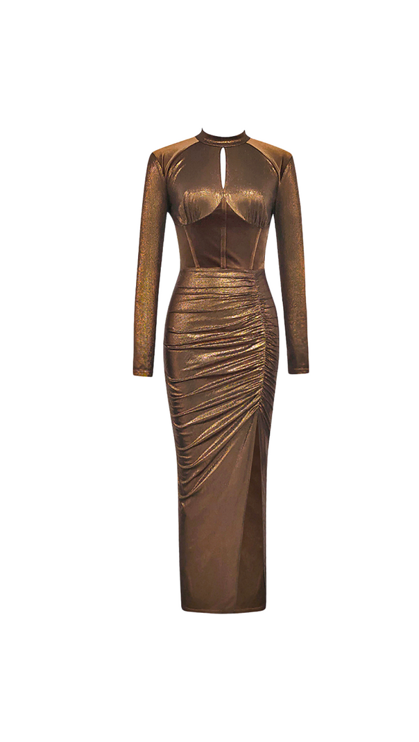 AIIZIE LONG SLEEVE CORSET SPARKLY MAXI DRESS IN BROWN - product image