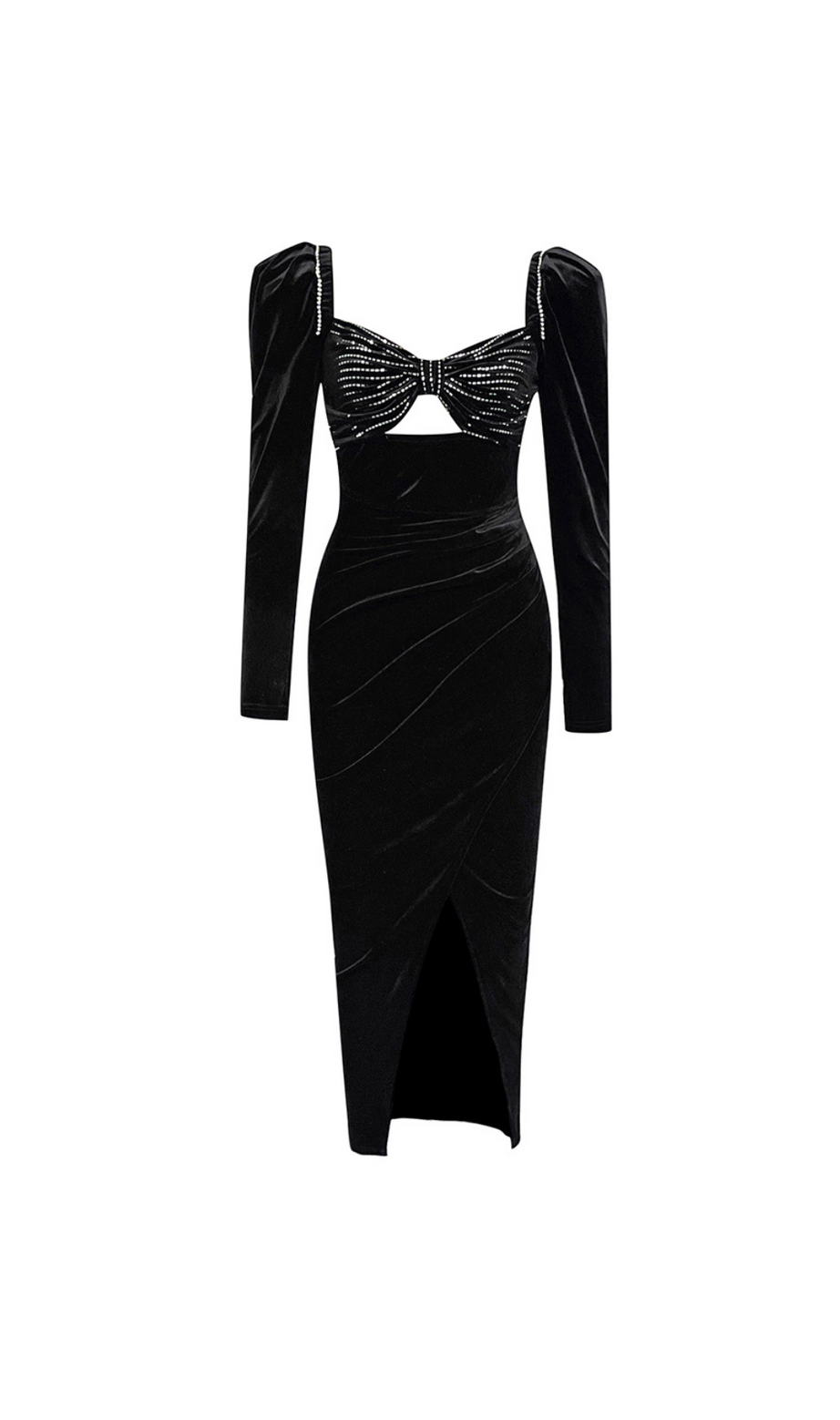 LANGÄRMELIGES MIDIKLEID MIT KRISTALL-BUSTIER IN SCHWARZ