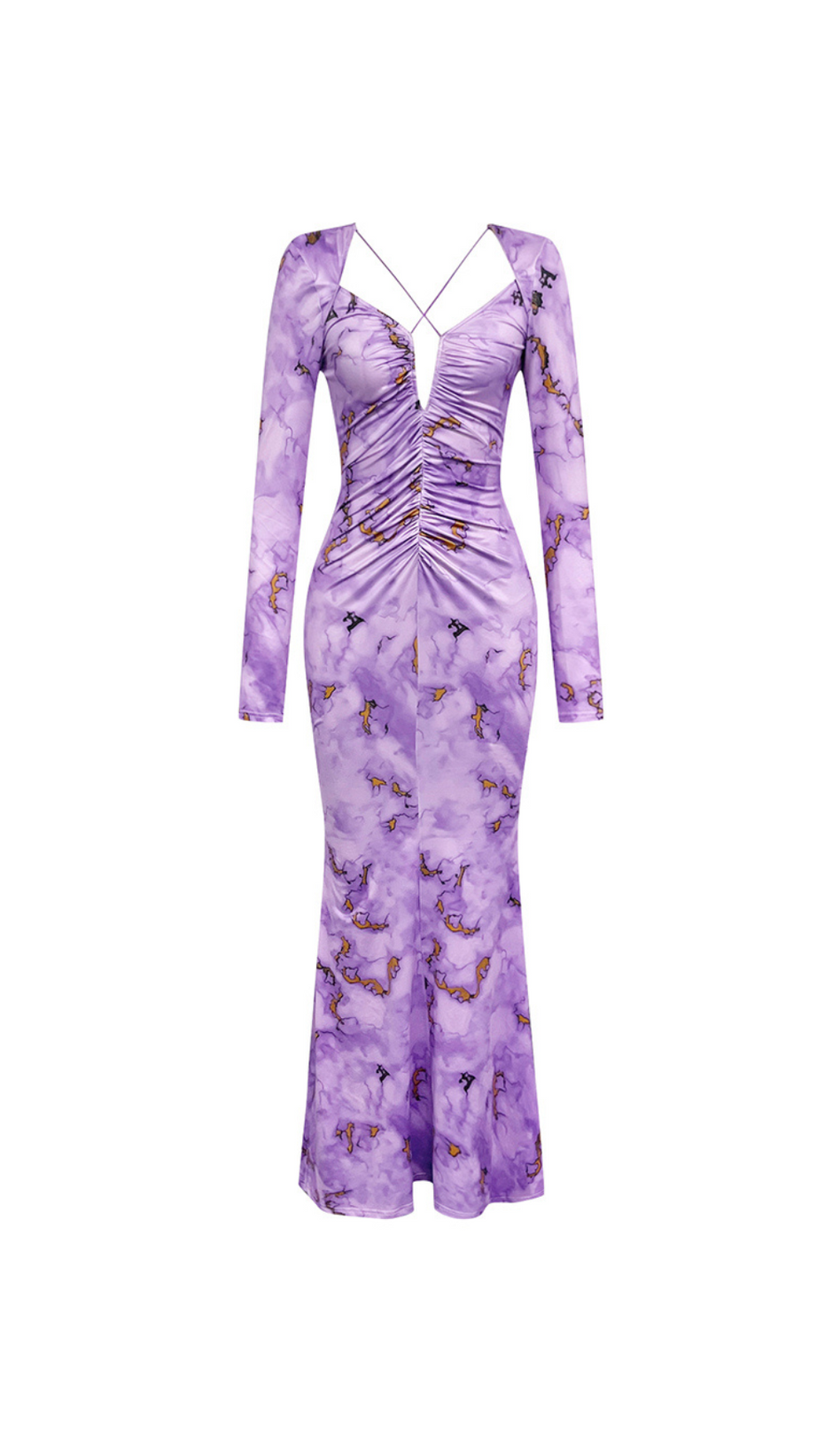 PRINT V-NECK FISHTAIL MAXI DRESS