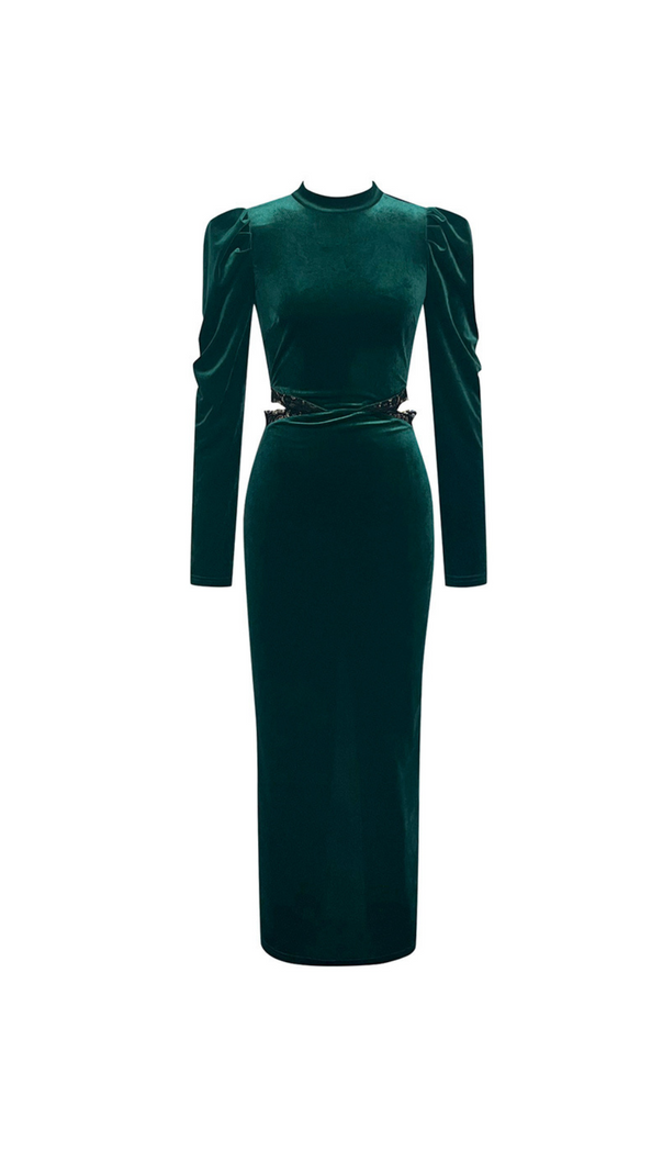 AIIZIE PUFF LACE VELVET MIDI DRESS IN GREEN - product image