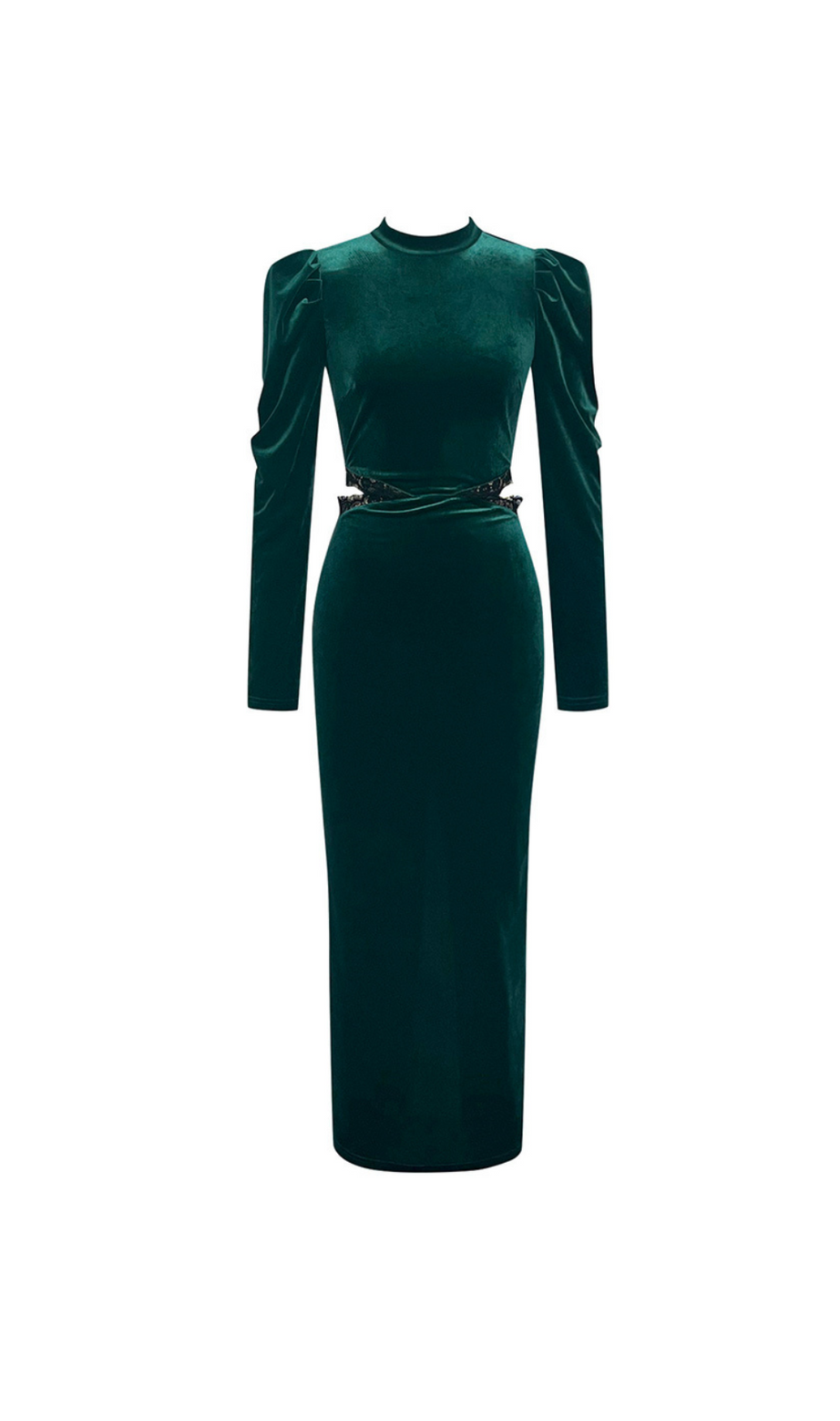 PUFF LACE VELVET MIDI DRESS IN GREEN