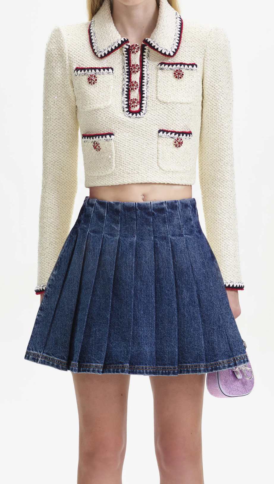 TOP IN MAGLIA CON PAILLETTES CREMA E COLLETTO 