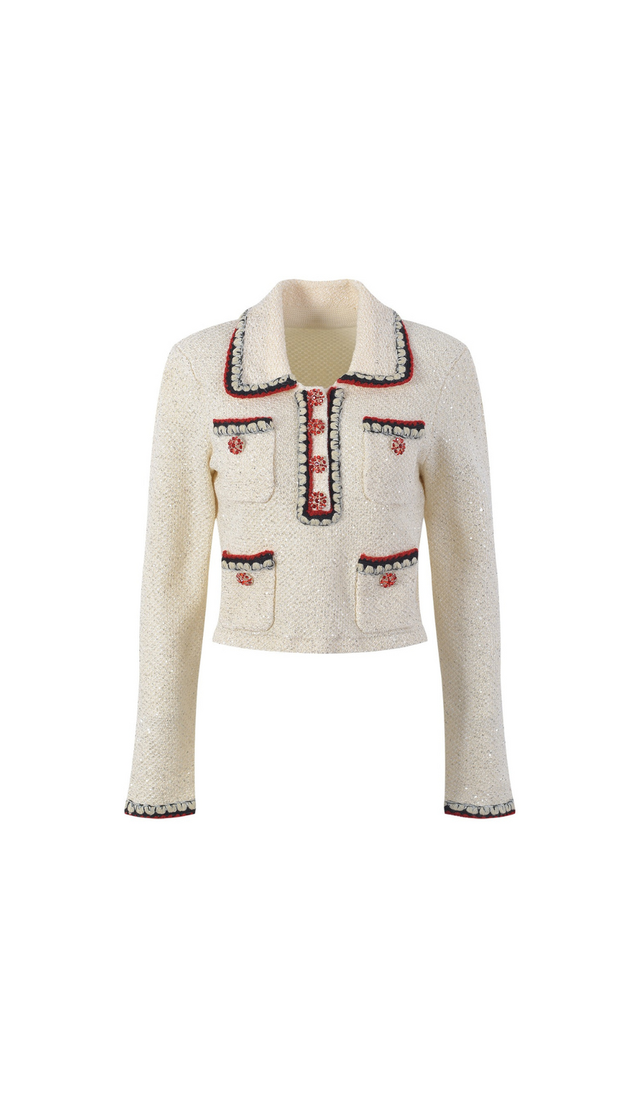 TOP IN MAGLIA CON PAILLETTES CREMA E COLLETTO 