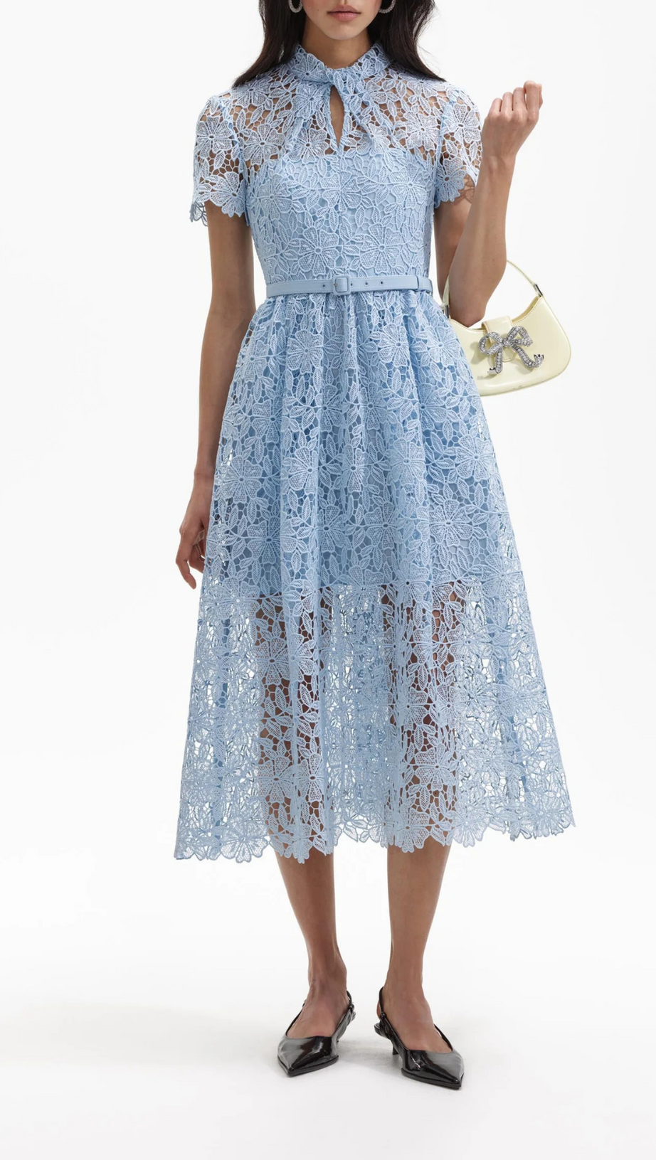 BLUE GUIPURE LACE A LINE MIDI DRESS