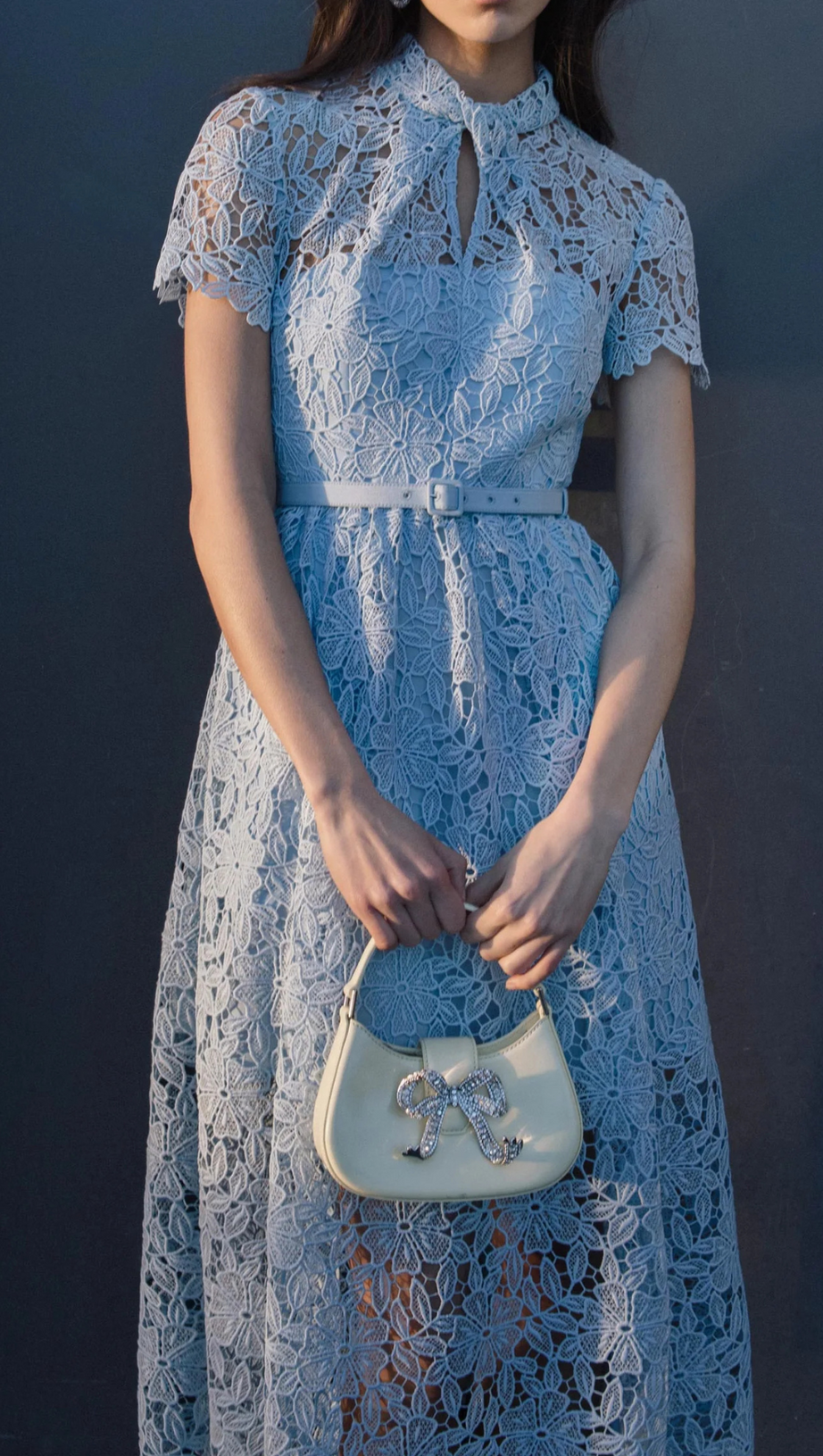 BLUE GUIPURE LACE A LINE MIDI DRESS