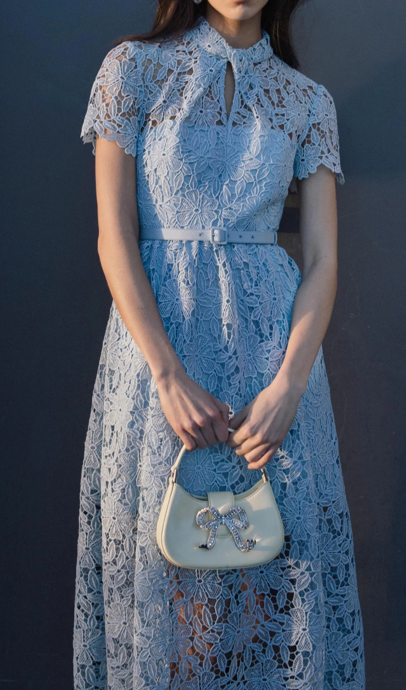 BLUE GUIPURE LACE A LINE MIDI DRESS