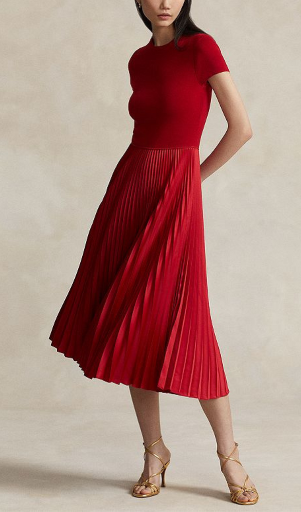 RED PLEATED MIDI DRESS