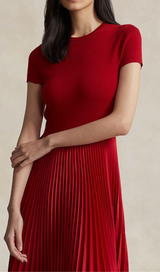 RED PLEATED MIDI DRESS