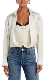 SILK BUTTON DOWN LACE TRIM SHIRT