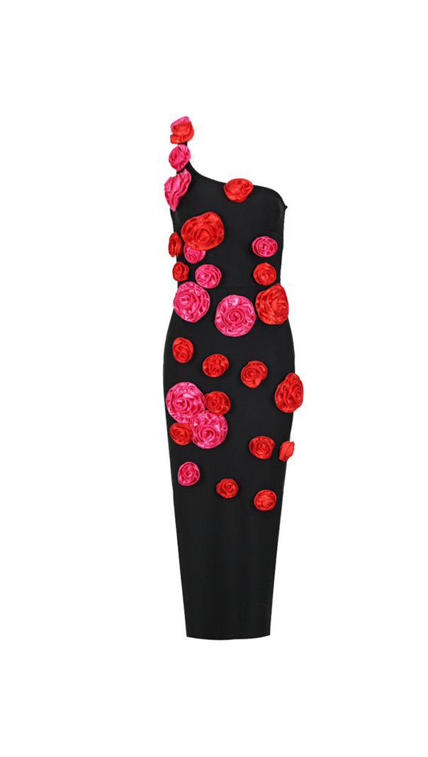 AIIZIE ONE SHOULDER ROSE DETAIL MIDI DRESS IN BLACK - product image