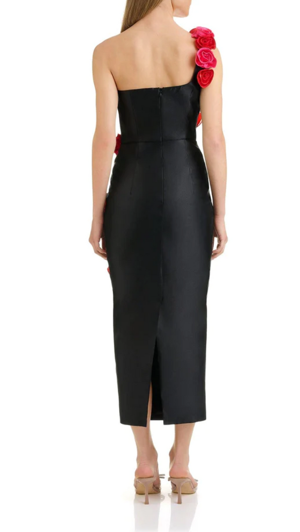 AIIZIE ONE SHOULDER ROSE DETAIL MIDI DRESS IN BLACK - product image