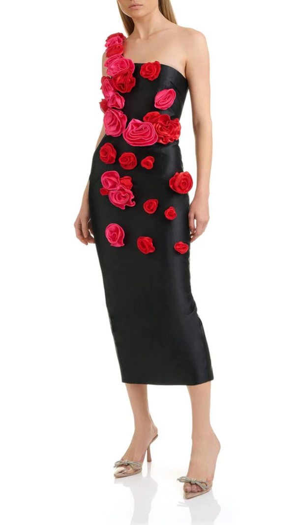 AIIZIE ONE SHOULDER ROSE DETAIL MIDI DRESS IN BLACK - product image