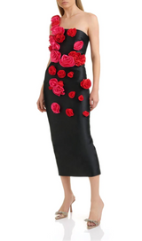 ONE SHOULDER ROSE DETAIL MIDI DRESS IN BLACK