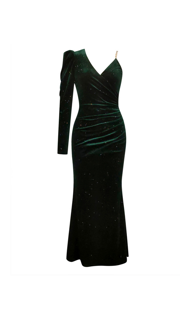 AIIZIE GREEN SINGLE SLEEVE VELVET MAXI DRES - product image