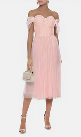 OFF SHOULDER CORSET A LINE MIDI DRESS IN PINK