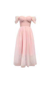 OFF SHOULDER CORSET A LINE MIDI DRESS IN PINK