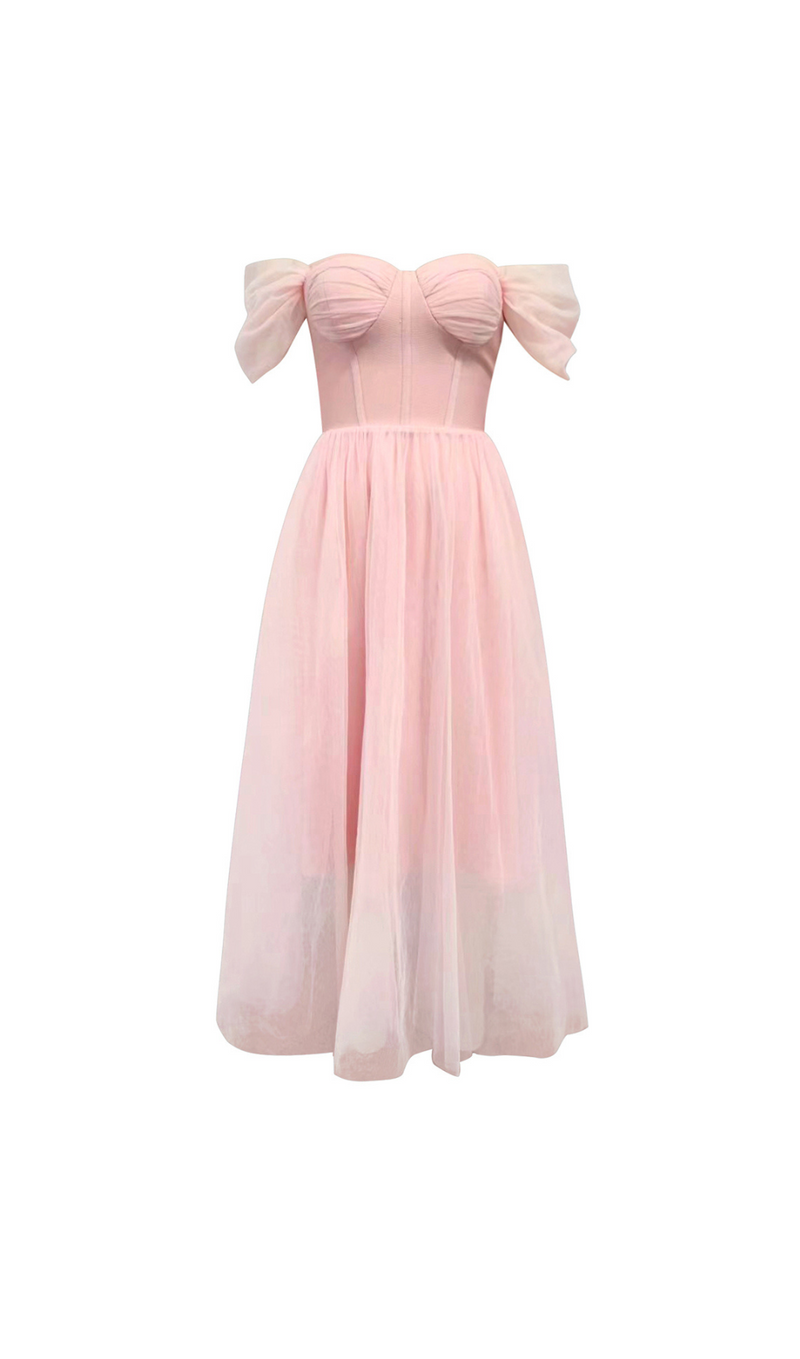 OFF SHOULDER CORSET A LINE MIDI DRESS IN PINK