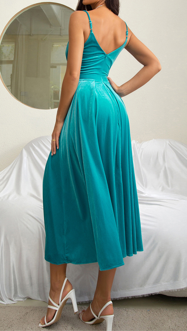 AIIZIE VELVET DRESS FRONT SLIT IN BLUE GREEN - product image