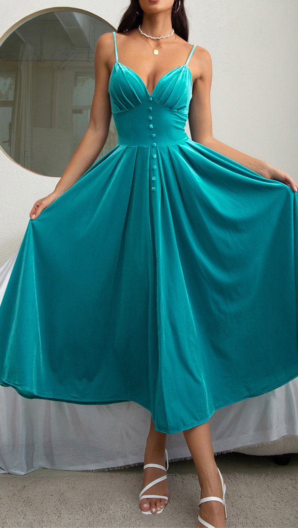 AIIZIE VELVET DRESS FRONT SLIT IN BLUE GREEN - product image