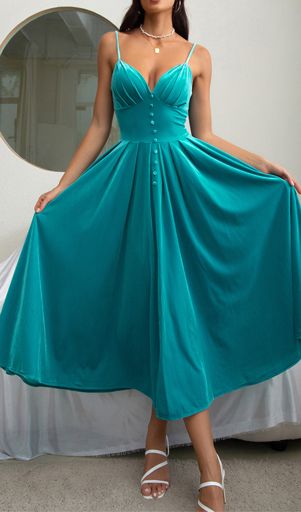 VELVET DRESS FRONT SLIT IN BLUE GREEN