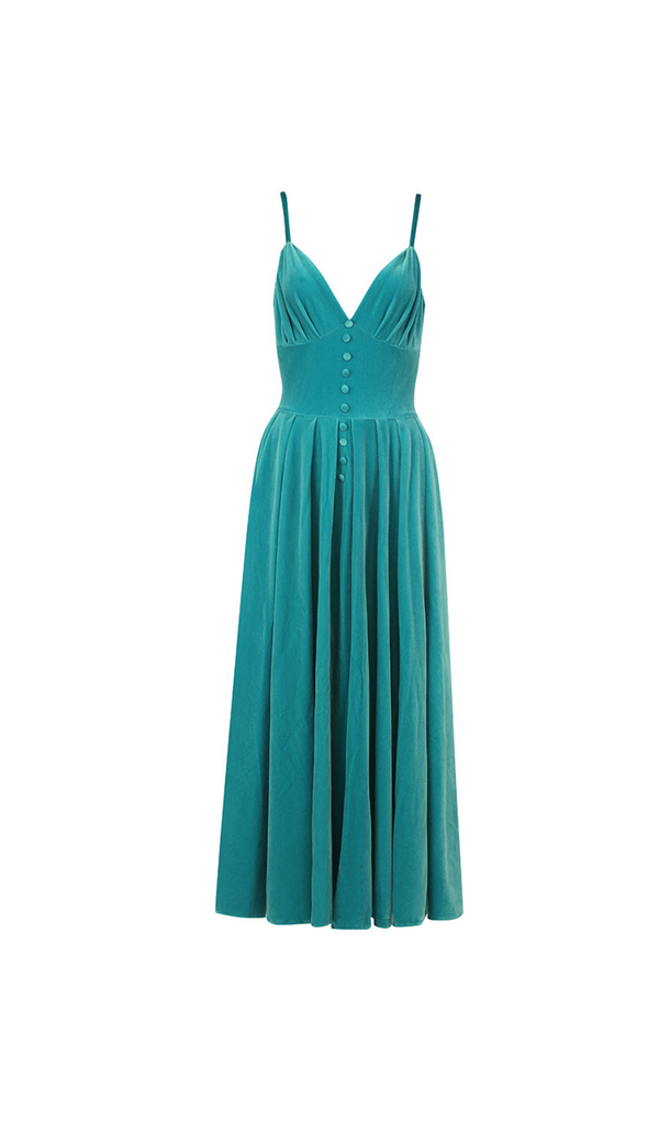 VELVET DRESS FRONT SLIT IN BLUE GREEN