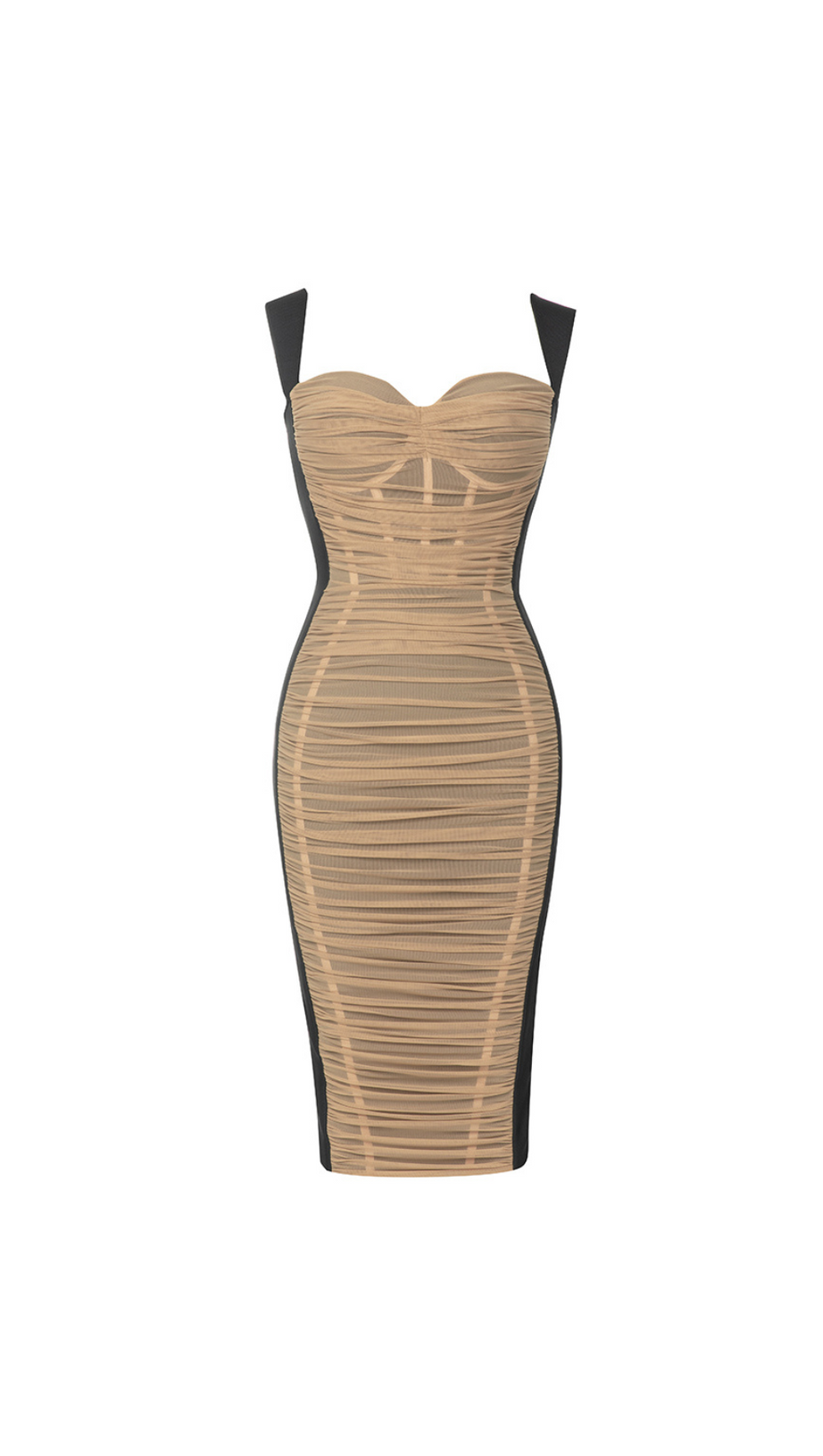 RUCHED BUSTIER MESH BODYCON DRESS
