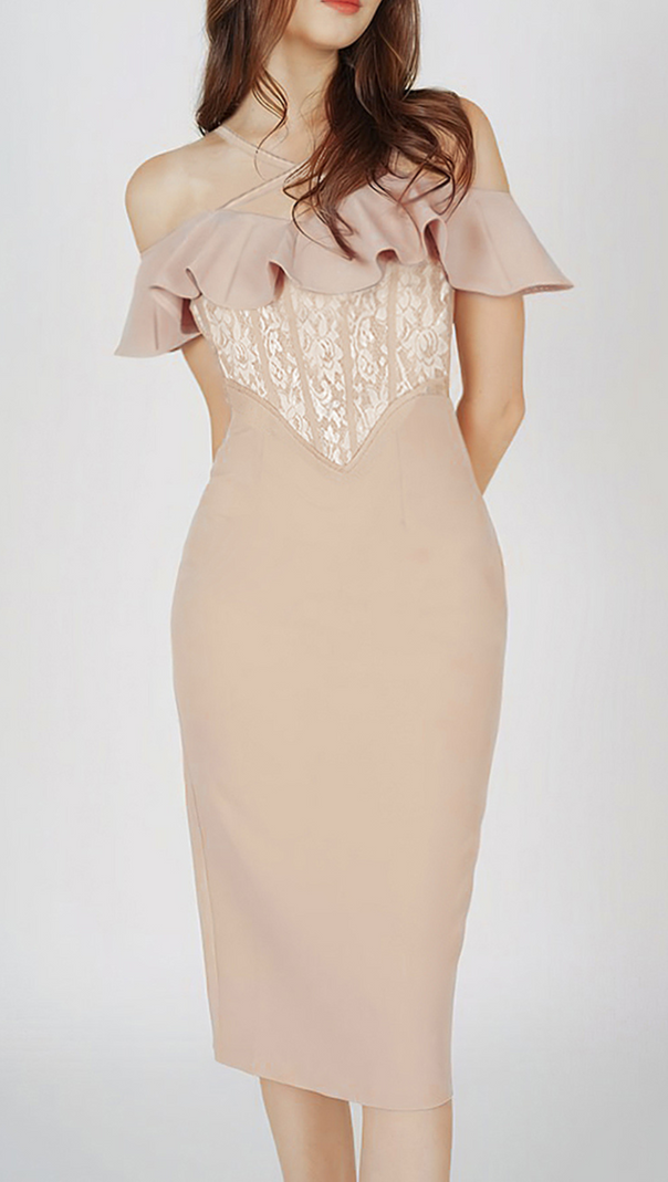 AIIZIE HALTER RUFFLE LACE CORSET MIDI DRESS NUDE - product image