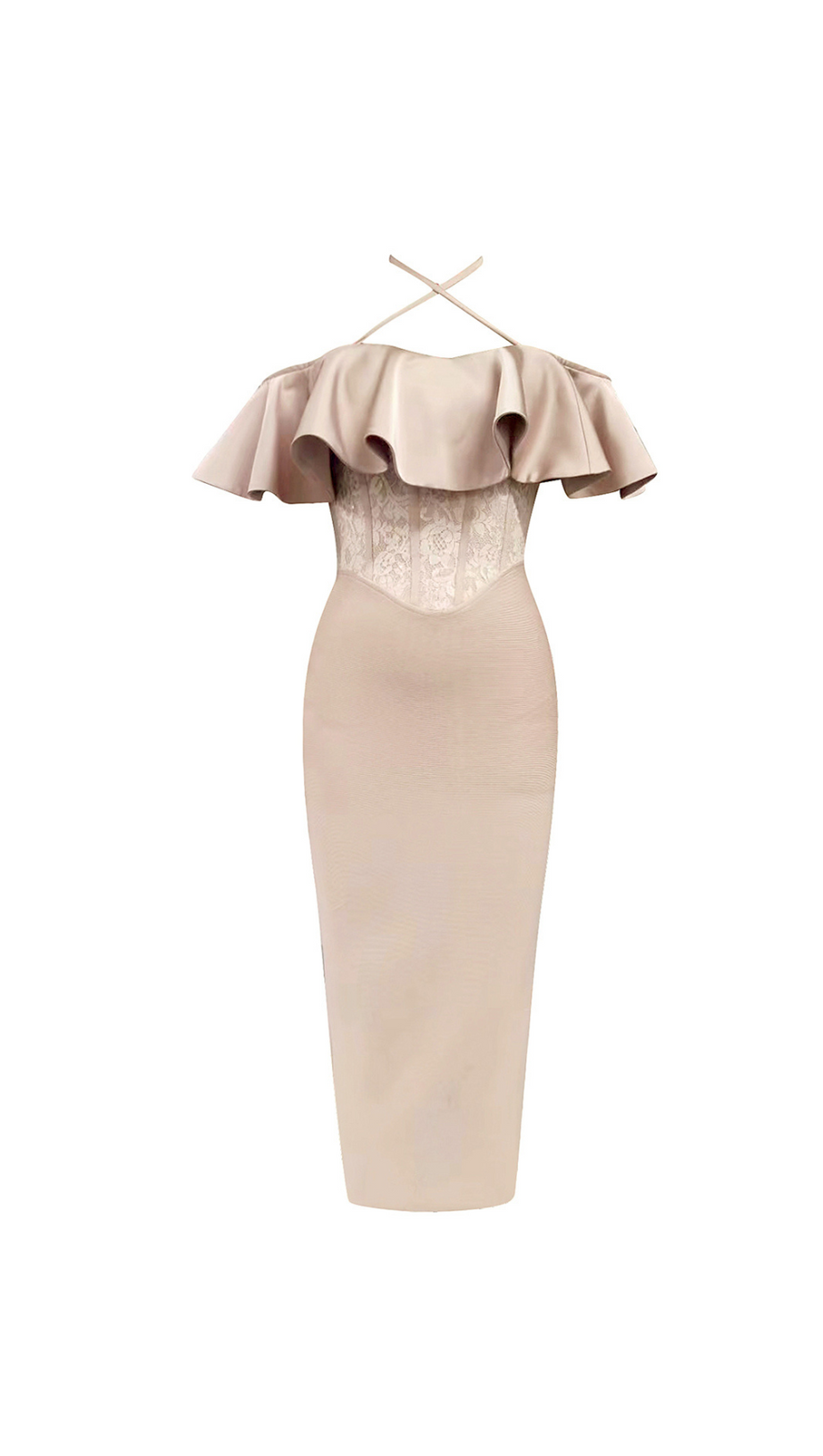 ABITO MIDI CON CORSETTO IN PIZZO CON VOLANT E HALTER COLOR NUDO 