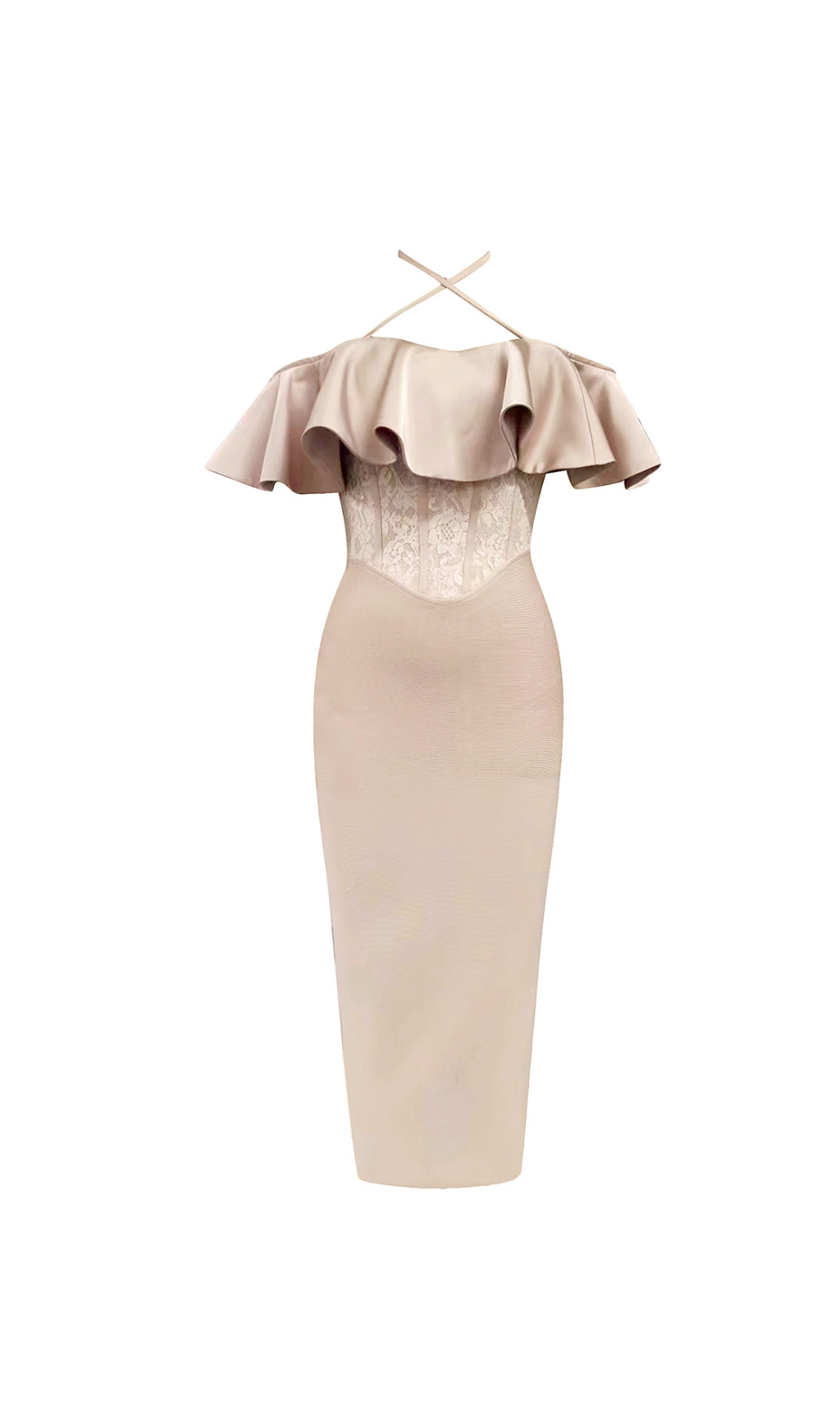 ABITO MIDI CON CORSETTO IN PIZZO CON VOLANT E HALTER COLOR NUDO 